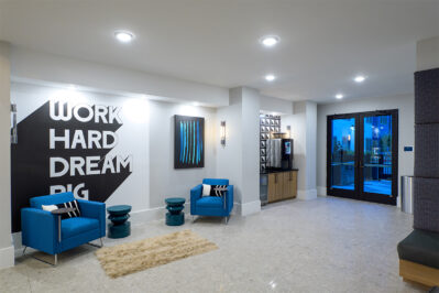 Student housing lobby with multiple seating options