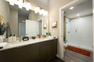 Bathroom with a large mirror